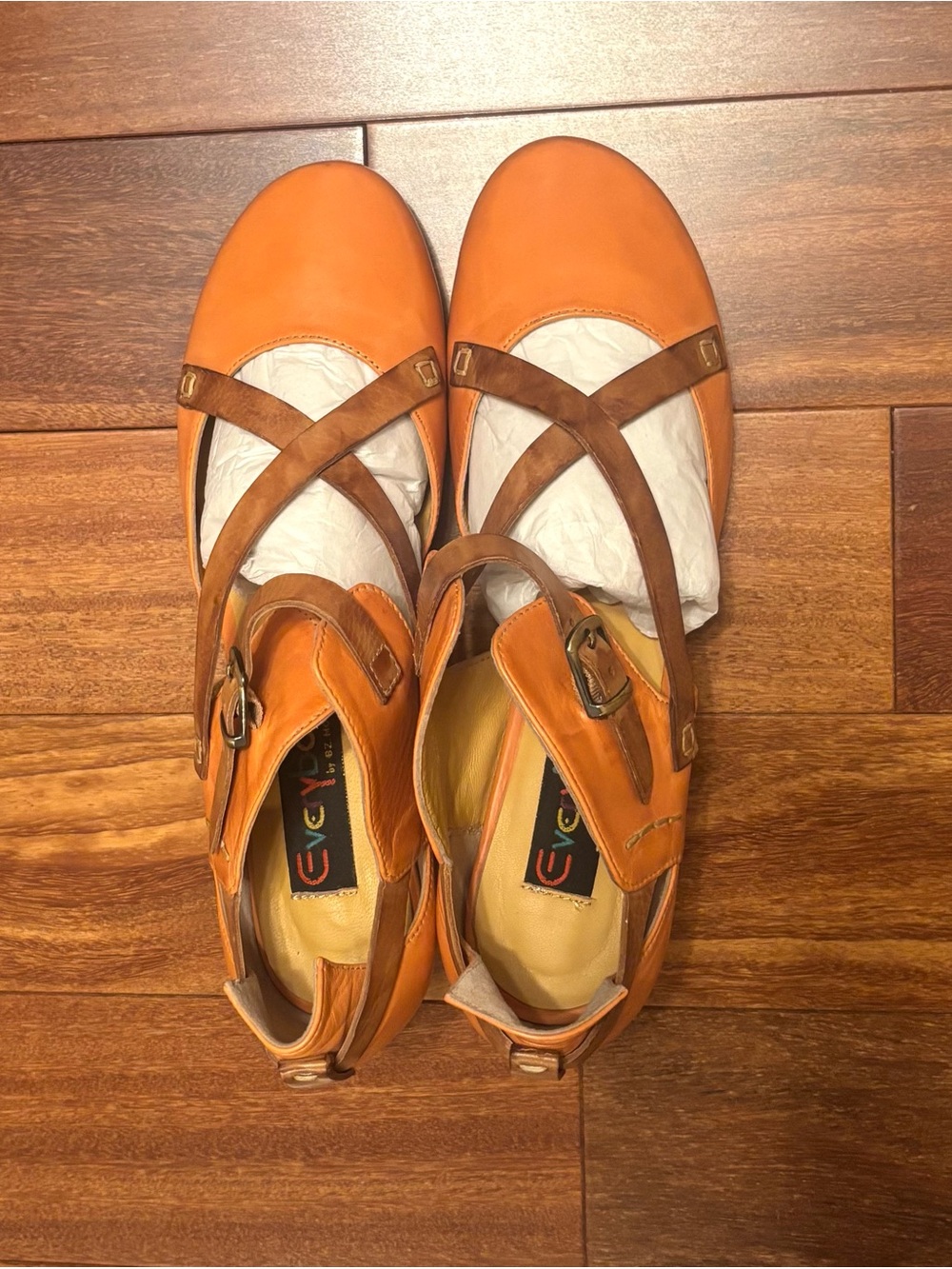 Everybody by BZ Moda Vintage Orange Leather Strappy Block Heel Pumps, Size 38.5